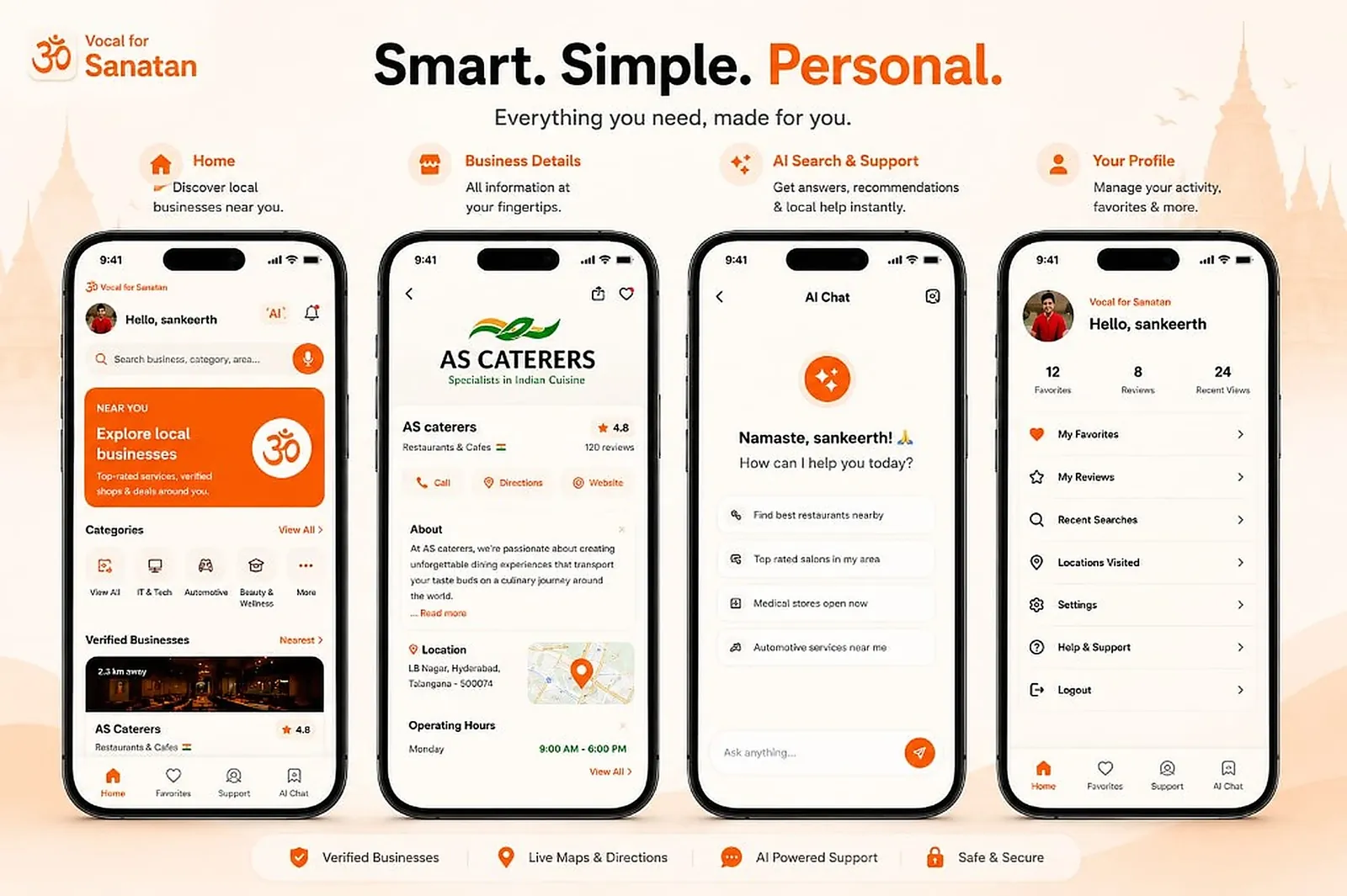 Vocal for Sanatan app screens — home, business details, AI chat, and profile